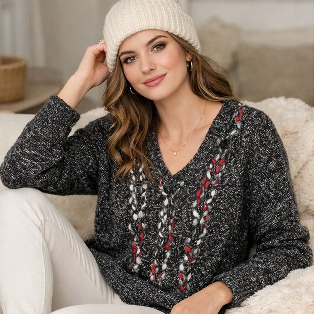 Kensie Womens L Gray Cable Knit V Neck Sweater Cotton Blend Lace Up NWT Cozy
